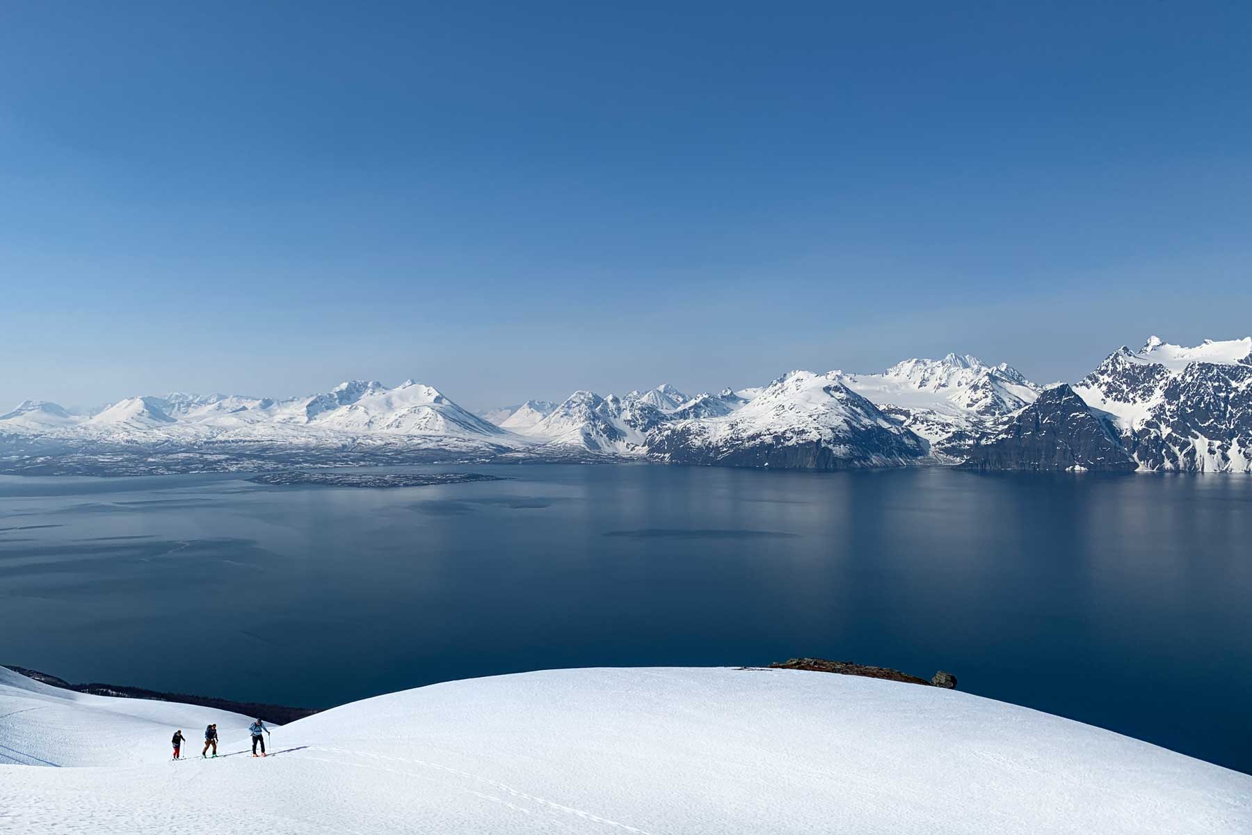 Snow-covered mountain slopes with skiers overlooking a calm, icy fjord under a clear blue sky.